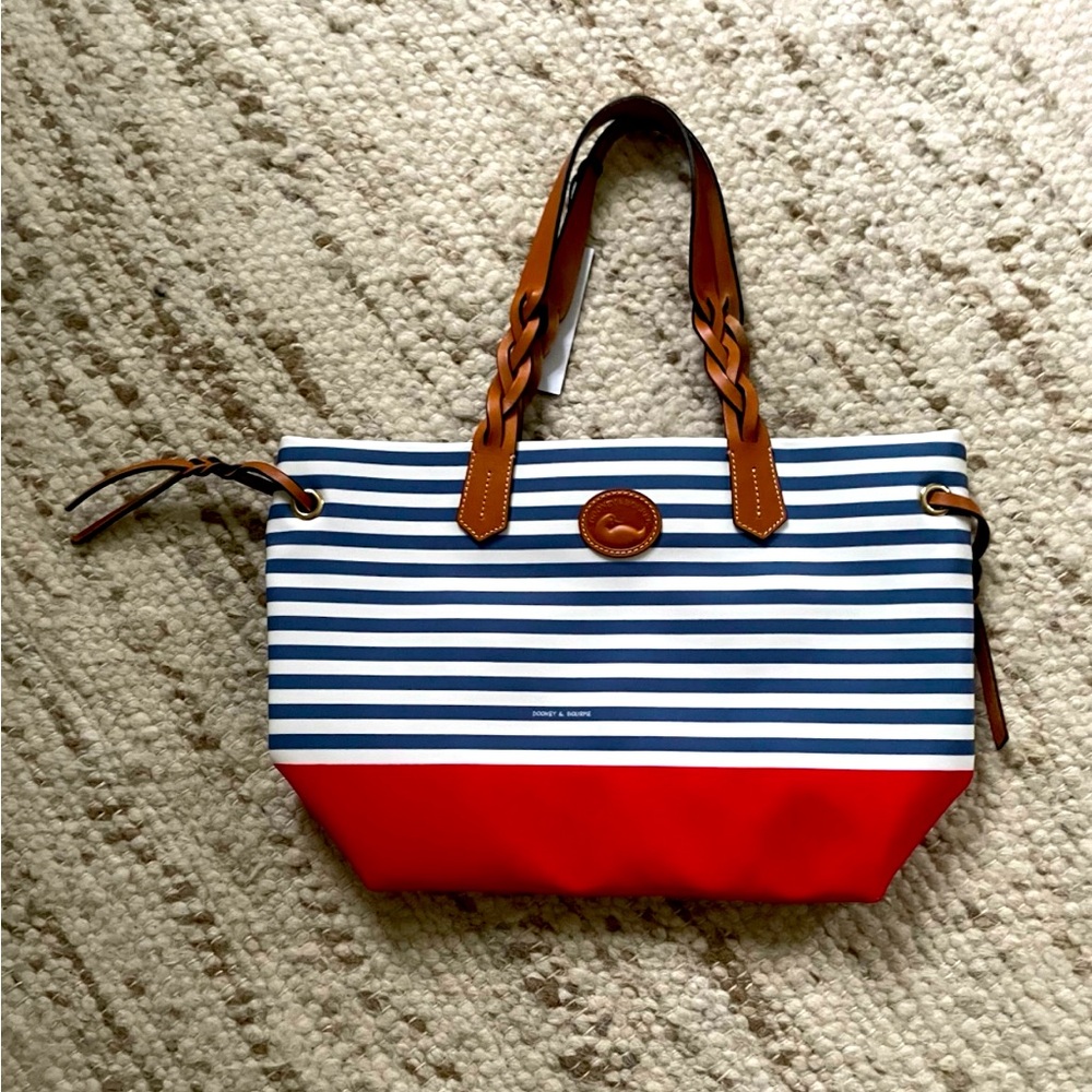 Dooney & Bourne Tote - blue and white stripes with red bottom.